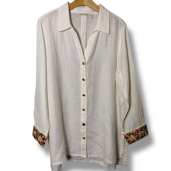 Soft Surroundings Linen Tunic Size 1X Flora Blanco Button Up Embroidered Cuff - Picture 3 of 10